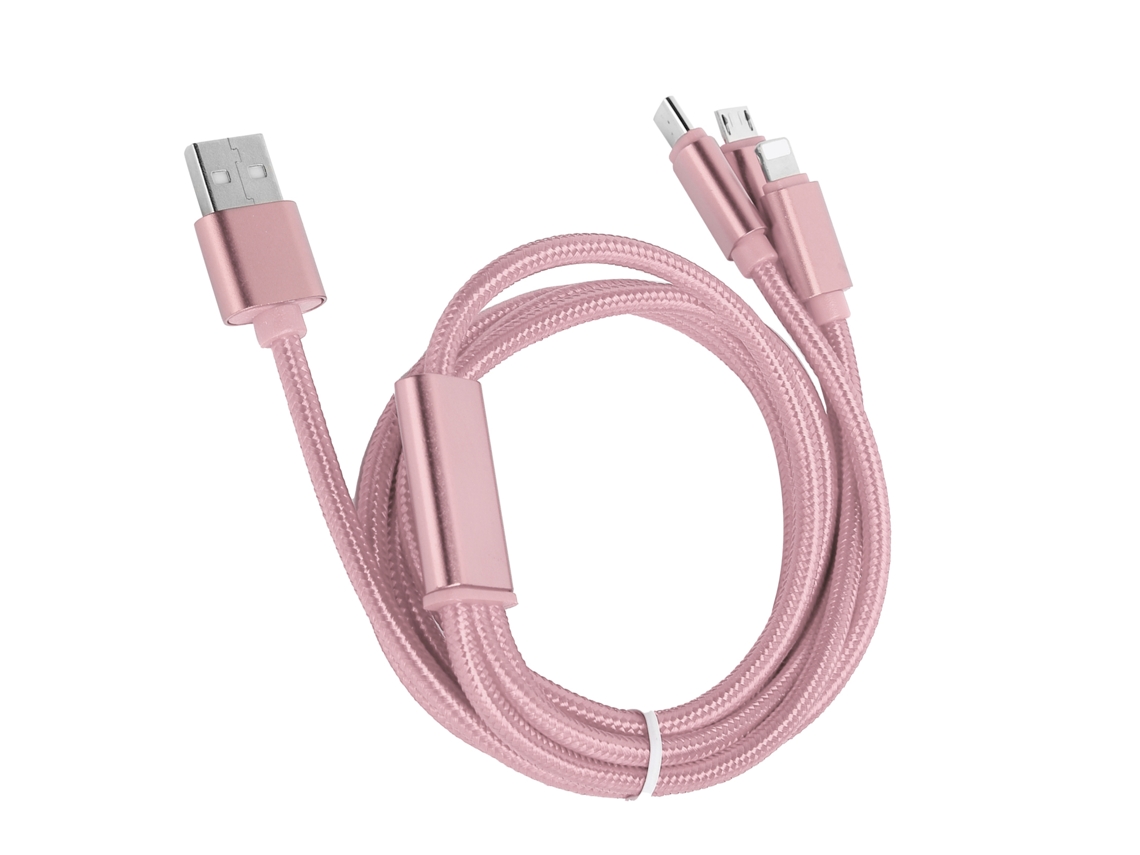 Cabo De Carga Rápida 3 Em 1 Trançado De Nylon Com Usb/type-c/micro Usb Para Ios Rosa