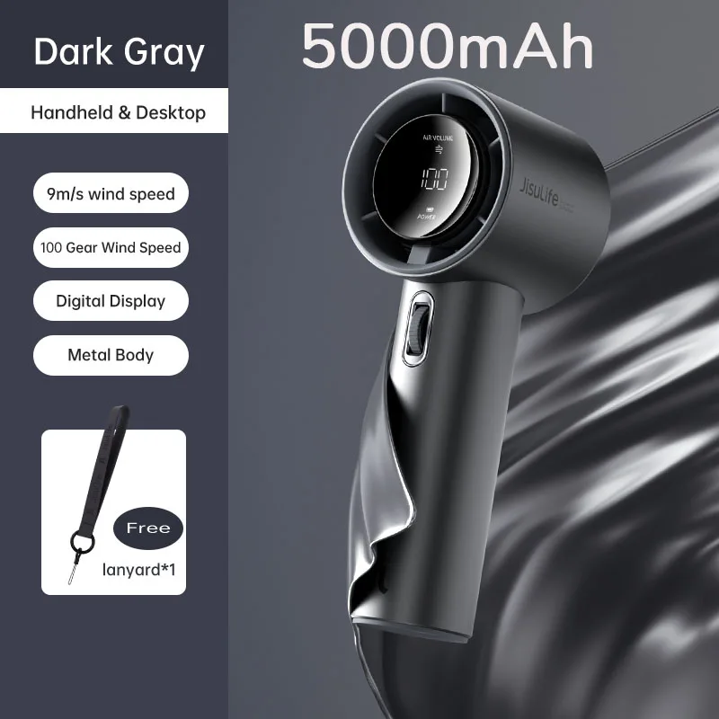 Mini Ventilador Portátil De Mano (5000 Mah, Negro), 100 Niveles De Velocidad, Batería Recargable Por Usb, Pantalla Digital Led.