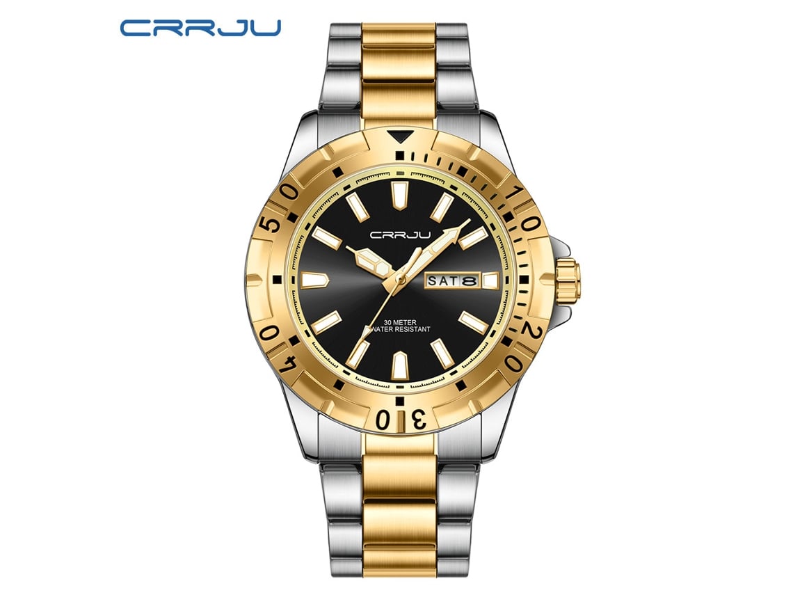 Reloj de pulsera impermeable para hombre con esfera grande (negra y dorada) y doble calendario, ideal para negocios.