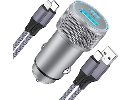 Cargador de Coche CHRONUS QP-Charge22902-7hmy Duplo (iPhone/Samsung - USB - Tipo C - Plateado)