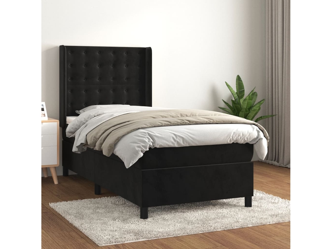 Cama Box Spring Con Colchón Terciopelo Negro 90x200 Cm