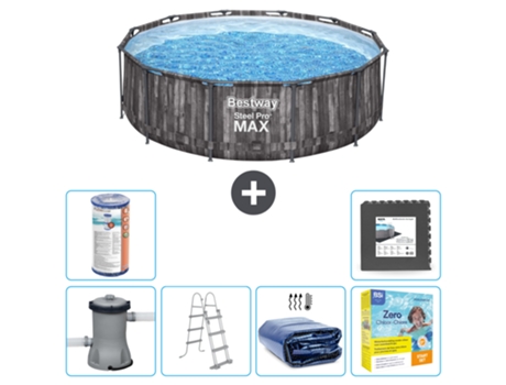 Piscina BESTWAY Round Steel Pro MAX - Impresión en madera - 366 x 100 cm - Bomba incluida - Escalera Accesorios CB27
