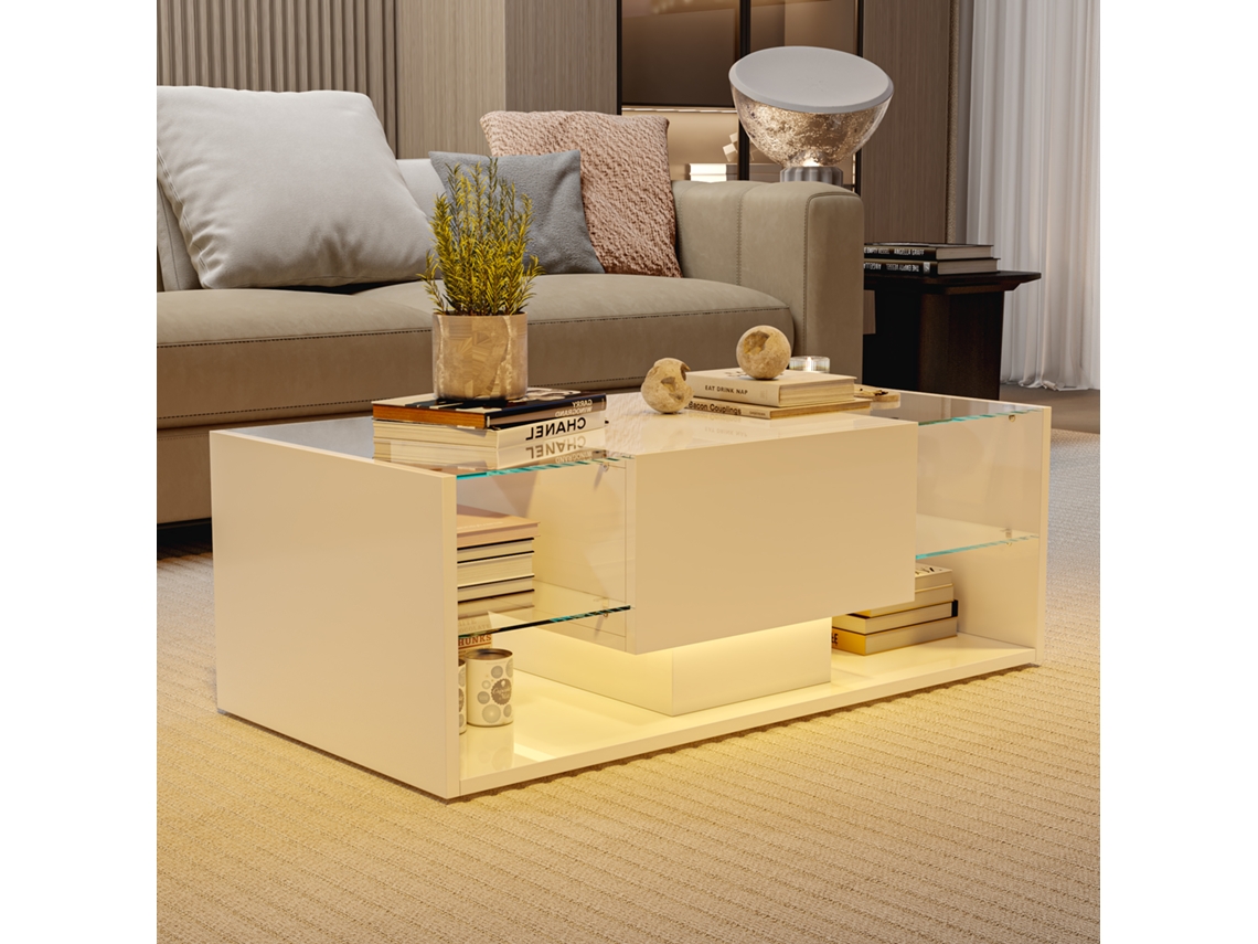 Mesa De Centro Cuadrada, Mesa De Salón Con Dos Estantes Y Un Cajón, Mesa Baja Con Iluminación Led, Rosahqnda