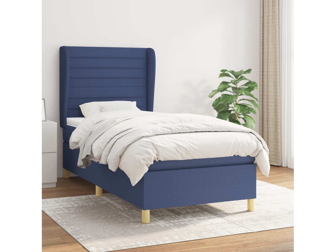 Cama Box Spring Con Colchón Tela Azul 100x200 Cm