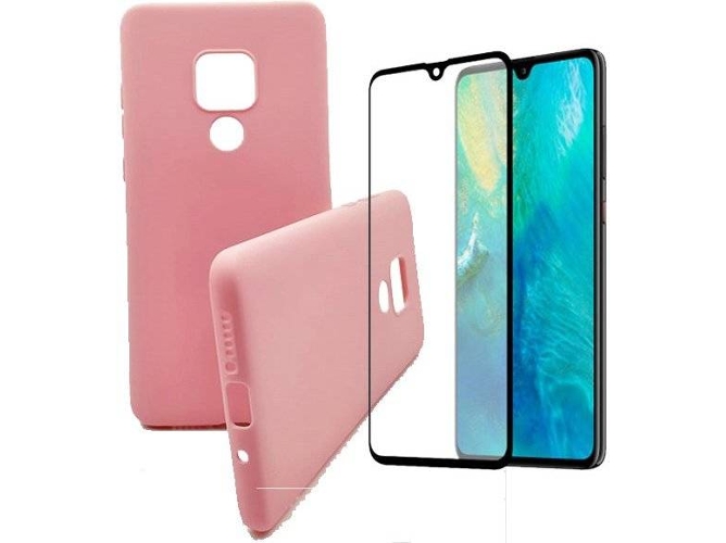 Kit Carcasa y Protector de Cristal 5D Full Cover Huawei Mate 20 Silicona Rosa
