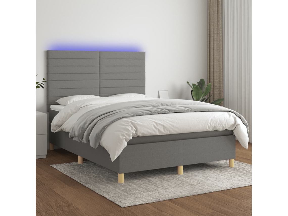 Cama Box Spring Colchón Y Luces Led Tela Gris Oscuro 140x190 Cm