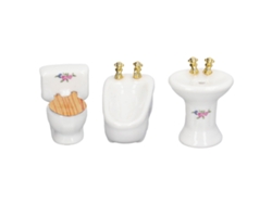 Juego De Baño En Miniatura Para Casa De Muñecas A Escala 1/24: Bañera De Cerámica, Inodoro, Lavabo Y Flor (3 Piezas).