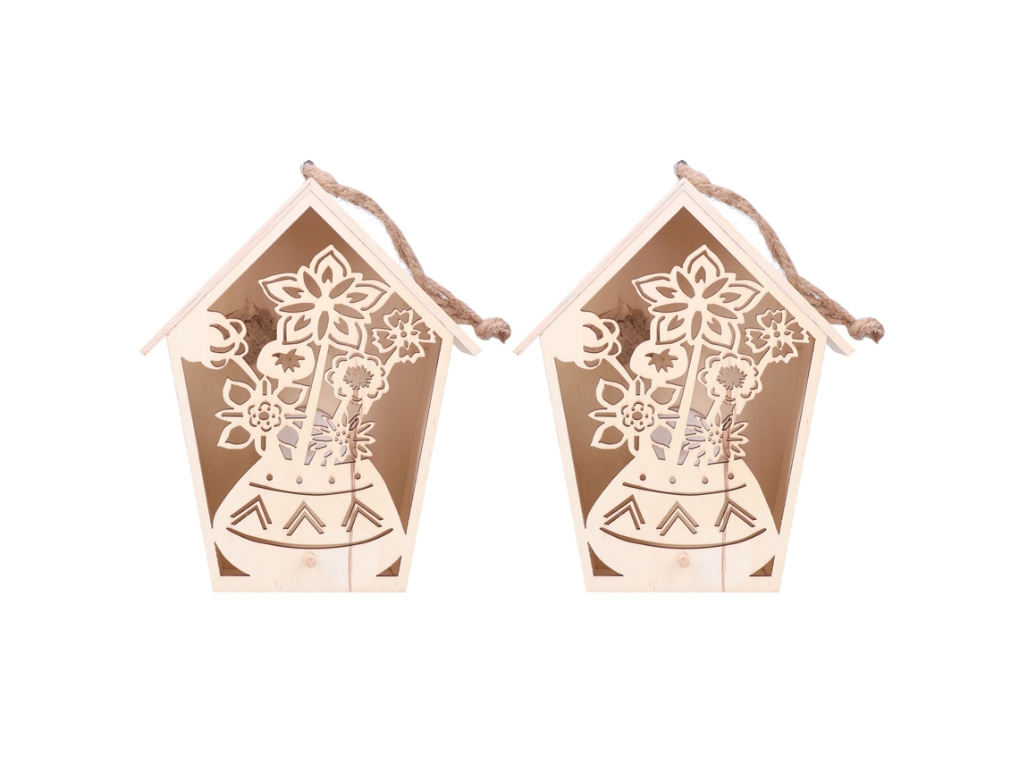 2 Casitas Para Pájaros Con Luz Cálida, Diseño De Flores Huecas Y Adorno Colgante De Madera.