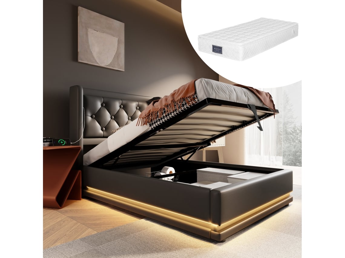 Cama De Pu Negra De 90x200 Con Iluminación Led, Usb-c Y Colchón.