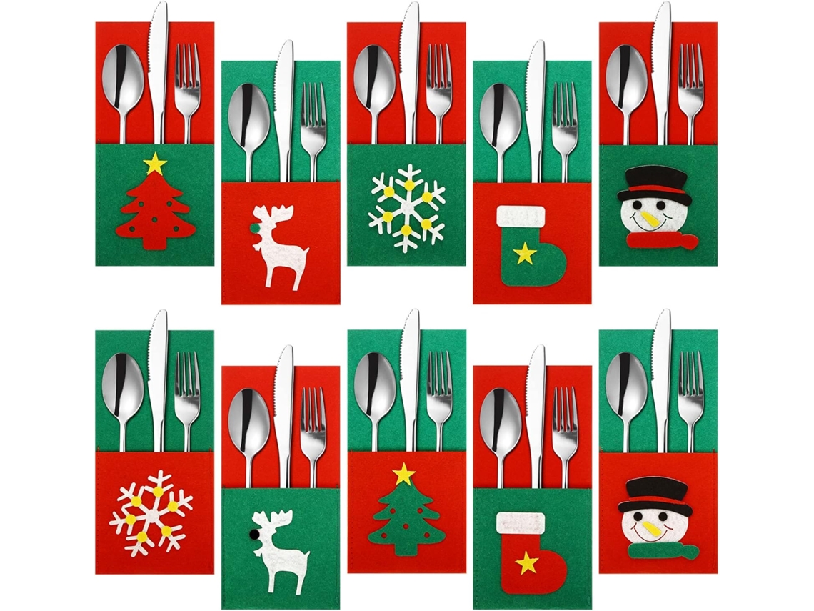 10 Portacubiertos navideños de fieltro: muñeco de nieve, árbol, reno, copo de nieve, bolsas para cuchillo y tenedor para decorar la mesa.