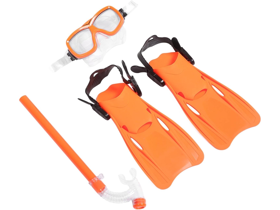 Conjunto de snorkel naranja de 3 piezas para niños y niñas: aletas (tallas 35-39), máscara, tubo de snorkel y funda protectora.