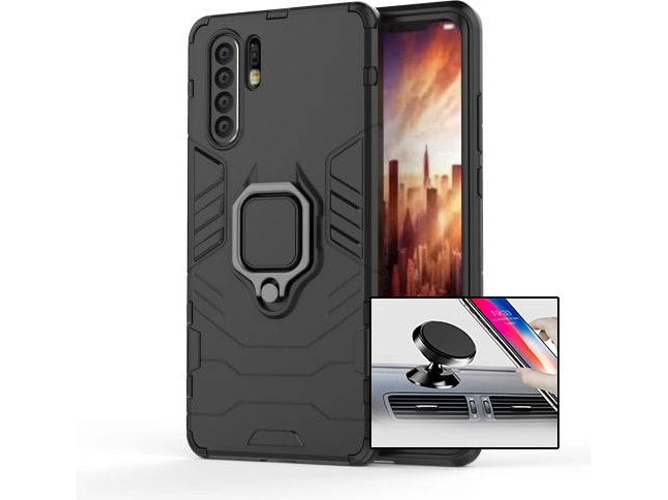 Kit Carcasa y Soporte Magnetico Auto Huawei P30 Military Defender Negro