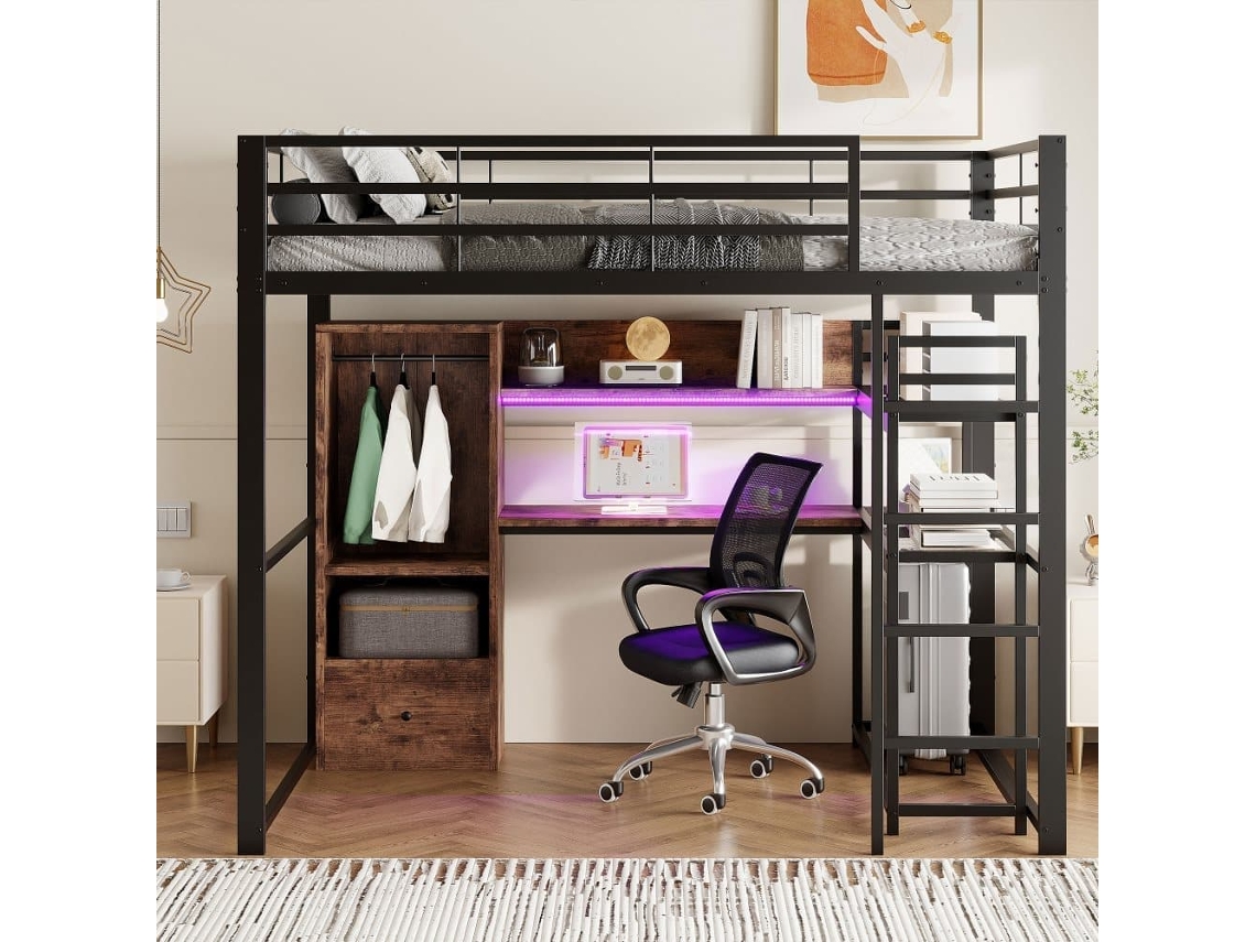 Cama Alta 140x200cm - Cama De Metal Con Led, Escritorio, 1 Cajón, Estantes, Barandilla, Escalera, Sin Colchón - Negro