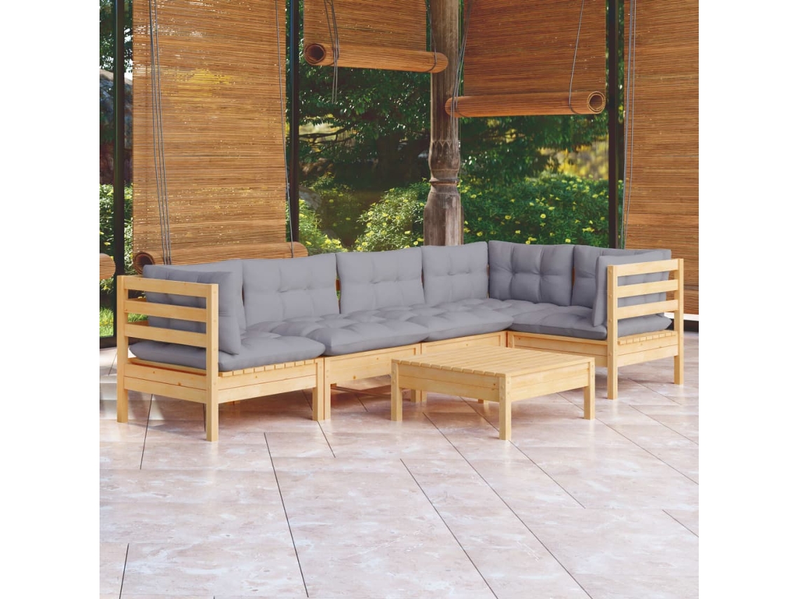 Conjunto Lounge Jardim 6 Peças C/ Almofadões Cinza Pinho Dkd Home Decor