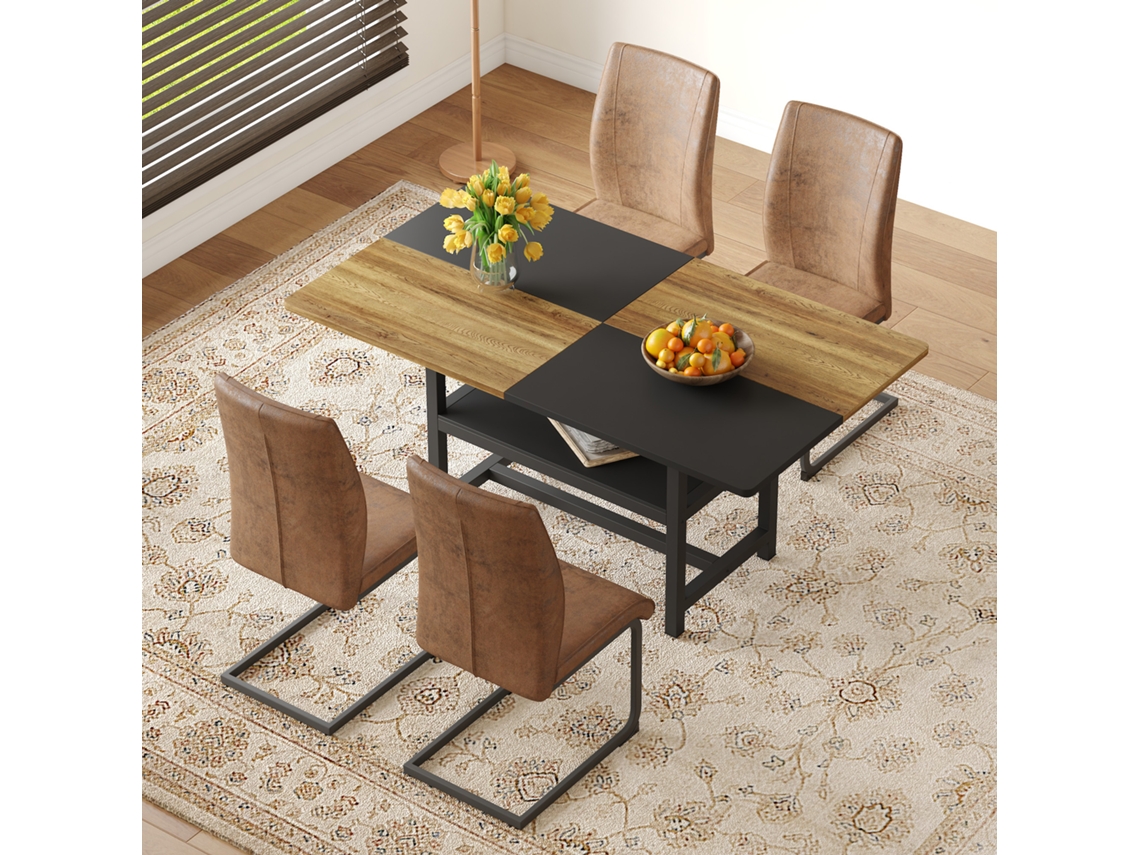 Conjunto De Mesa De Comedor Rectangular De 160 Cm Con Estante Y 4 Sillones En Tejido Tech Marrón