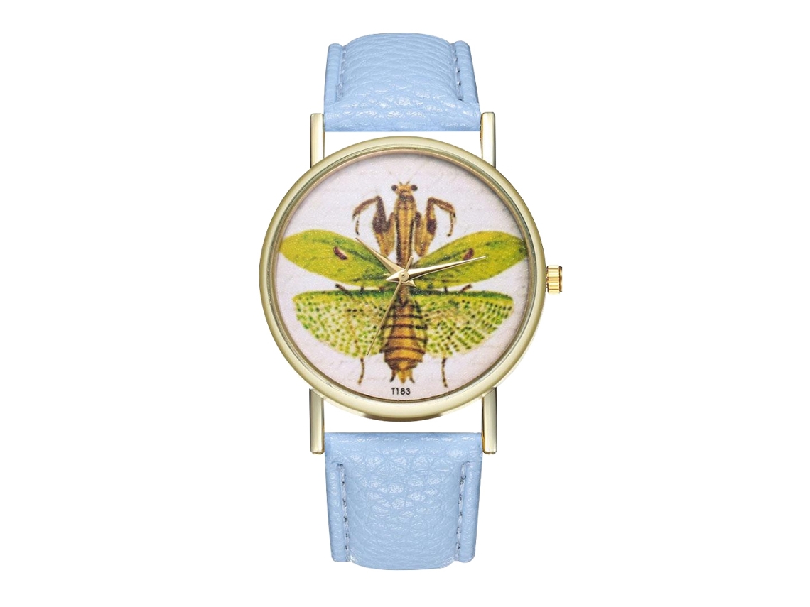 Reloj Unisex De Cuarzo Con Correa De Piel Sintética Con Estampado De Insectos Azul Claro.