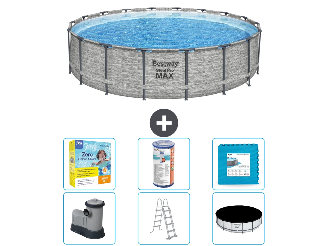 Piscina BESTWAY Round Steel Pro MAX - Estampado Piedra - 549 x 122 - Incluye Bomba - Escalera - Cobertor Paquete de mantenimiento - Filtrar - Baldosas