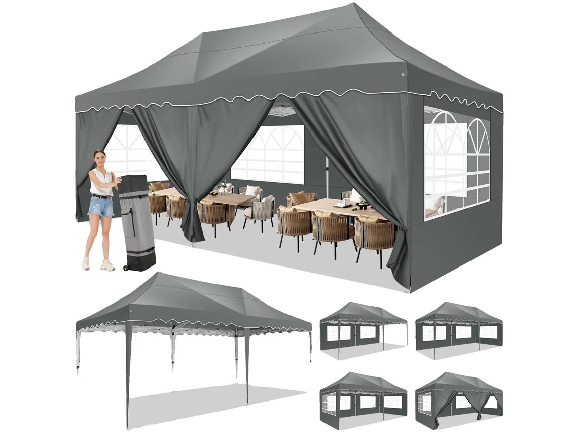 Carpa tipo gazebo, tela impermeable, paredes laterales desmontables, gris (OEM)