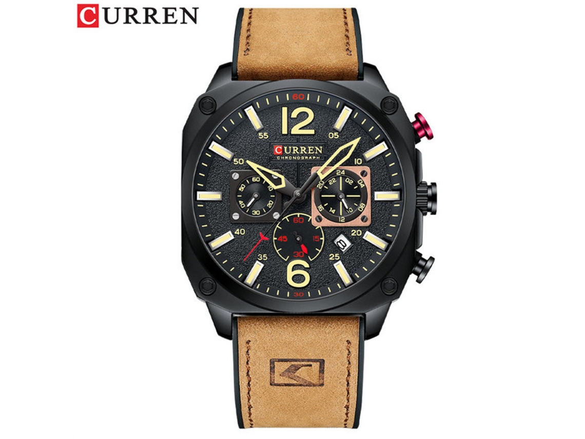 Reloj Casual Para Hombre Con Correa De Cuero (amarillo Y Negro), Cronógrafo Con Segundero Pequeño Y Visualización De Fecha.