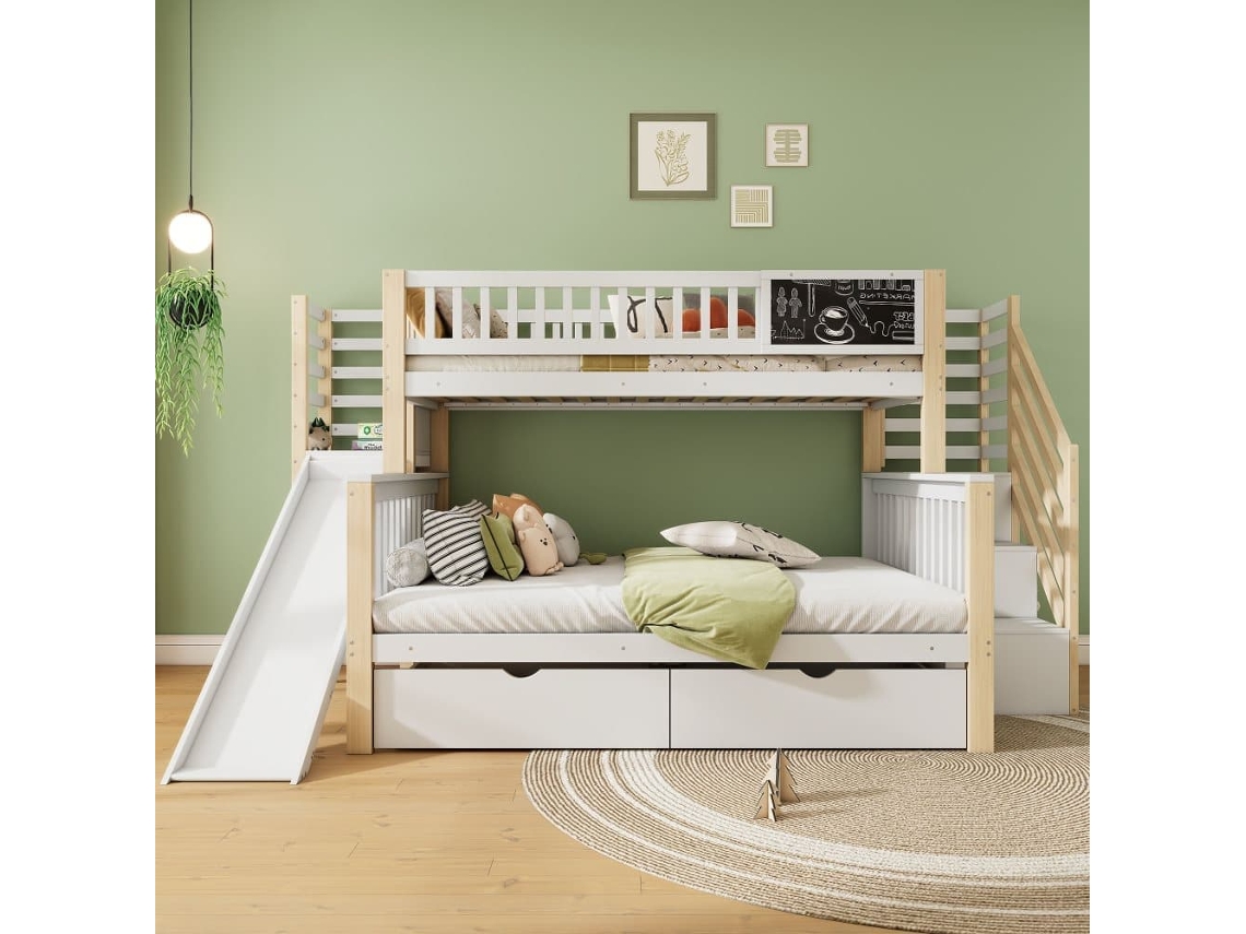 Cama Casa 140x200cm Y 90x200cm - Con Escalera, Armarios, Tobogán Y Pizarra - Blanco Y Natural