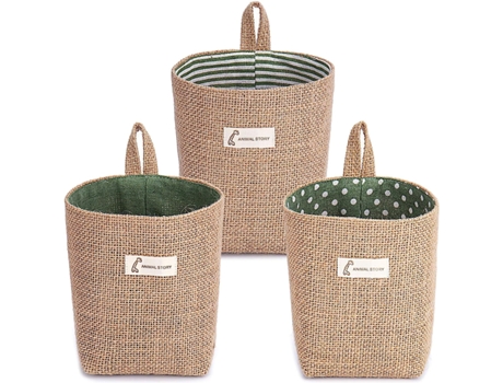 Cesta de almacenamiento de algodón y lino, caja de almacenamiento plegable de 3 piezas de lino, bolsa de almacenamiento colgante, para juguetes, ma...