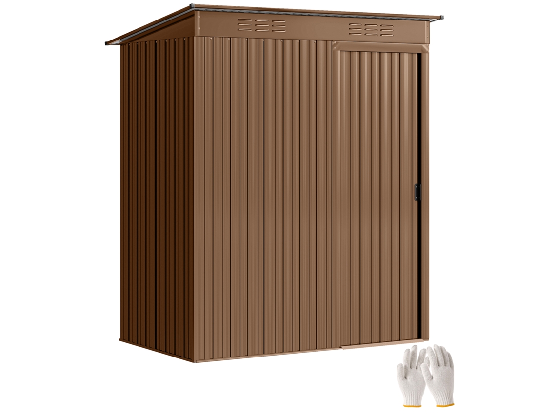 Caseta de jardín metálica con ventilación y puerta corredera, 159x106x181cm, marrón.
