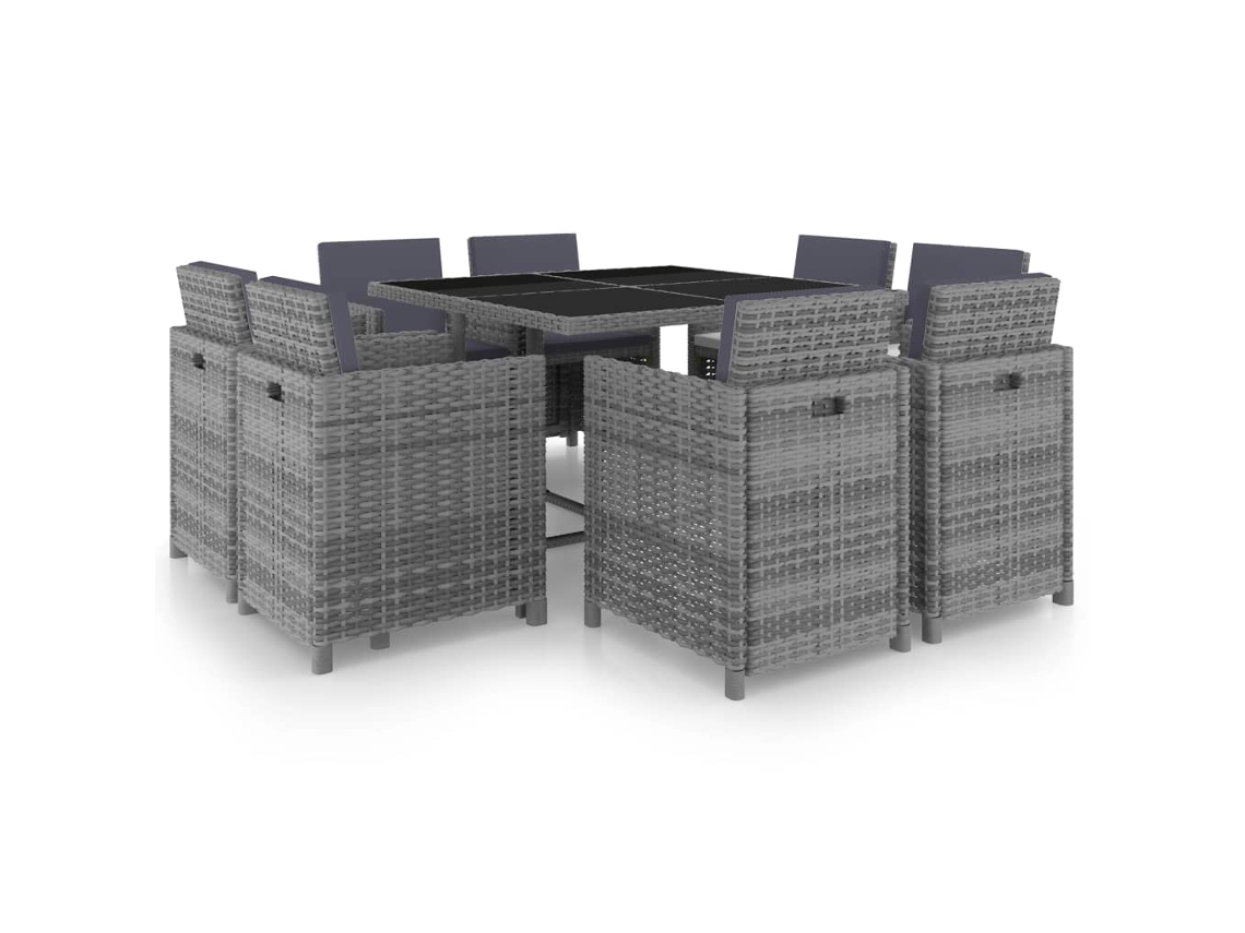 Conjunto 9 Peças Jantar Exterior C/ Almofadões Vime Pe Antracita Dkd Home Decor