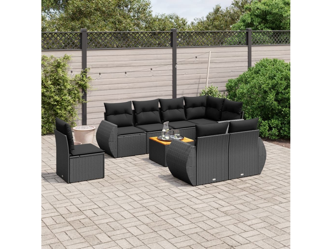 Conjunto de sofá de jardín de 9 piezas con cojines, ratán negro, Dkd Home Decor