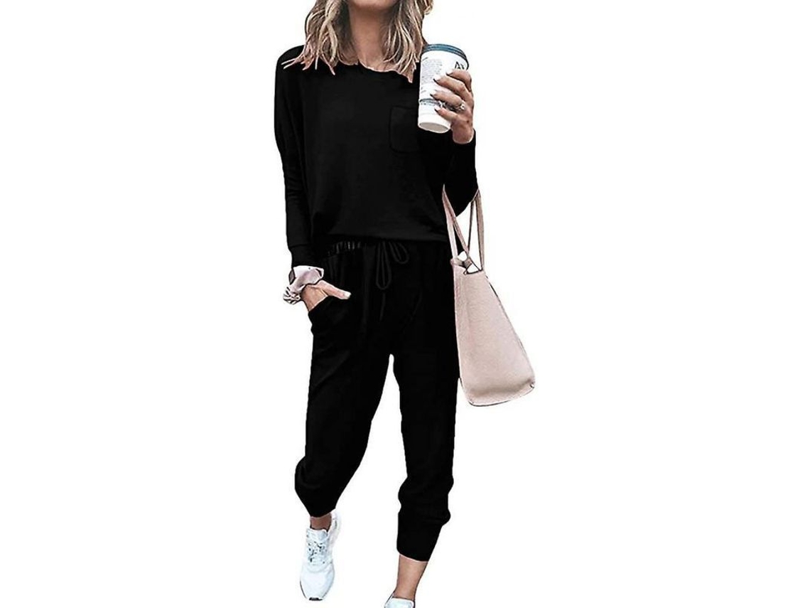 2026-conjunto De Pijama Para Mujer De Dos Piezas Con Bolsillos Y Corte Suelto Pvv M Negro