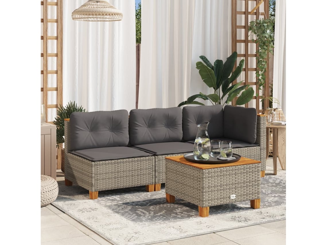 Sofá de jardín sin brazos con cojines de mimbre gris, Dkd Home Decor