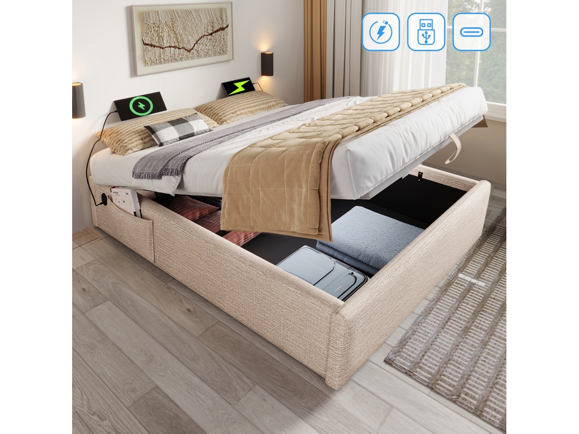 Cama Tapizada 140x200 Cm - Cama Hidráulica, Estructura Con Usb-c, Somier Completo, Sin Cabecero - Lino, Natural