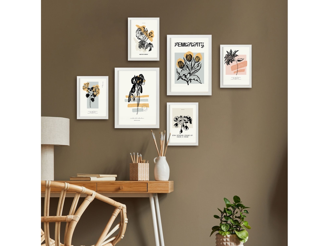 NACNIC Set De 6 Posters En Tinta Negra Flores Láminas Artísticas Estilo Boceto Para El Diseño Y Decoración De Interiores Tamaños A3 & A4 Marcos Negros
