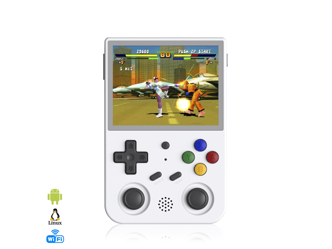 Consola emuladora multiplataforma RG353V. Pantalla táctil IPS de 3,5", Android 11 + Linux, procesador de cuatro núcleos a 1,8 GHz, Wi-Fi, 128 GB. Más de 23 000 juegos.