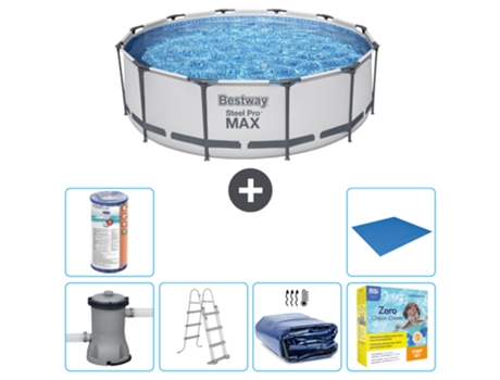 Piscina BESTWAY Round Steel Pro MAX - 366 x 100 cm - Gris - Incluida bomba - Escalera Vela solar - Paquete de mantenimiento - Filtrar - Suelo