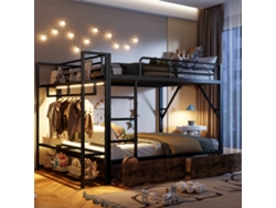 Cama Superpuesta 140x200cm, Estructura Metálica Y Mdf, 2 Cajones, Múltiples Estantes, Led Integrado, Barra Para Ropa, Almacenamiento Práctico, Negro