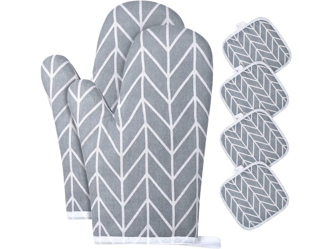 1 par de guantes y 4 mangos - Algodón antideslizante - Lavable - Hasta 180 °C - 6 piezas grises
