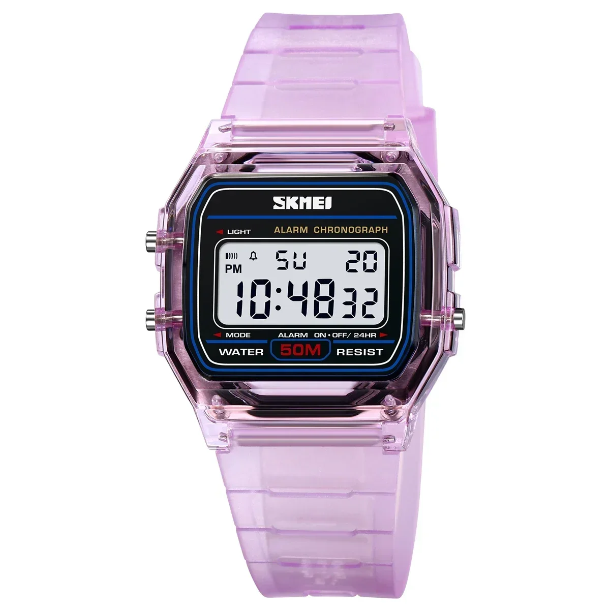 Reloj Digital Con Cronómetro Retroiluminado A Prueba De Golpes (morado) Con Correa De Tpu Transparente.