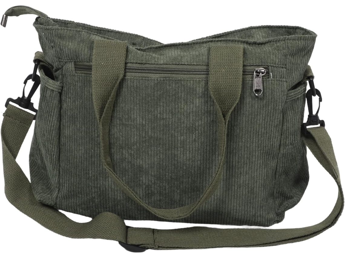 Bolsa Tote Feminina Canelada Com Vários Compartimentos Com Zíper, Verde, Para Uso Diário.