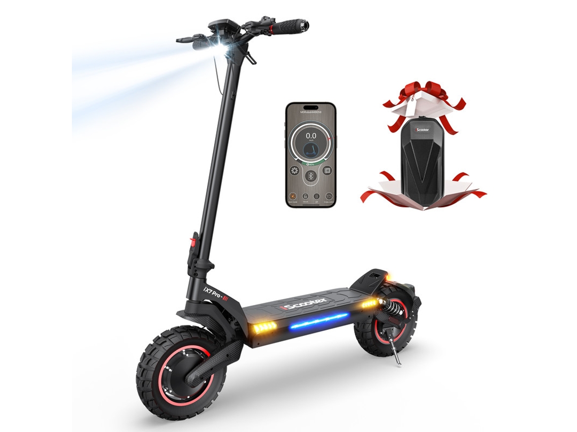 Patinete eléctrico Iscooter Ix7 Pro con motor dual de 1000 W y 2 velocidades, 48 V, 17,5 Ah, neumáticos todoterreno de 10", velocidad máxima de 60 km/h, autonomía de 80 km, doble suspensión.