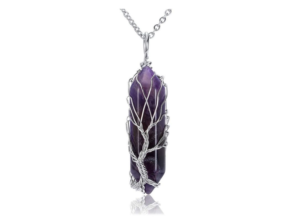 Colgante De Piedra Cristal Natural Arbol De La Vida Plata Amatista Collar De Cuarzo