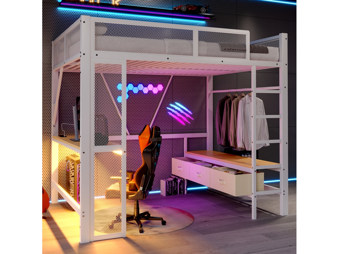 Cama Alta De Metal De 140x200 Con Usb E Iluminación Led, Escritorio Blanco Con 3 Cajones.