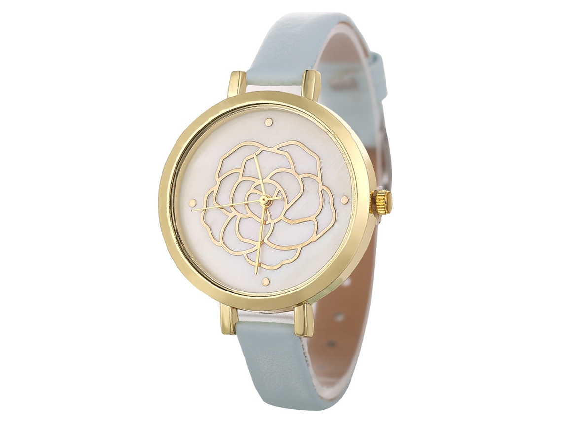 Reloj De Pulsera De Moda Para Mujer Con Correa De Cuero, Esfera Redonda Y Movimiento De Cuarzo Azul Claro.