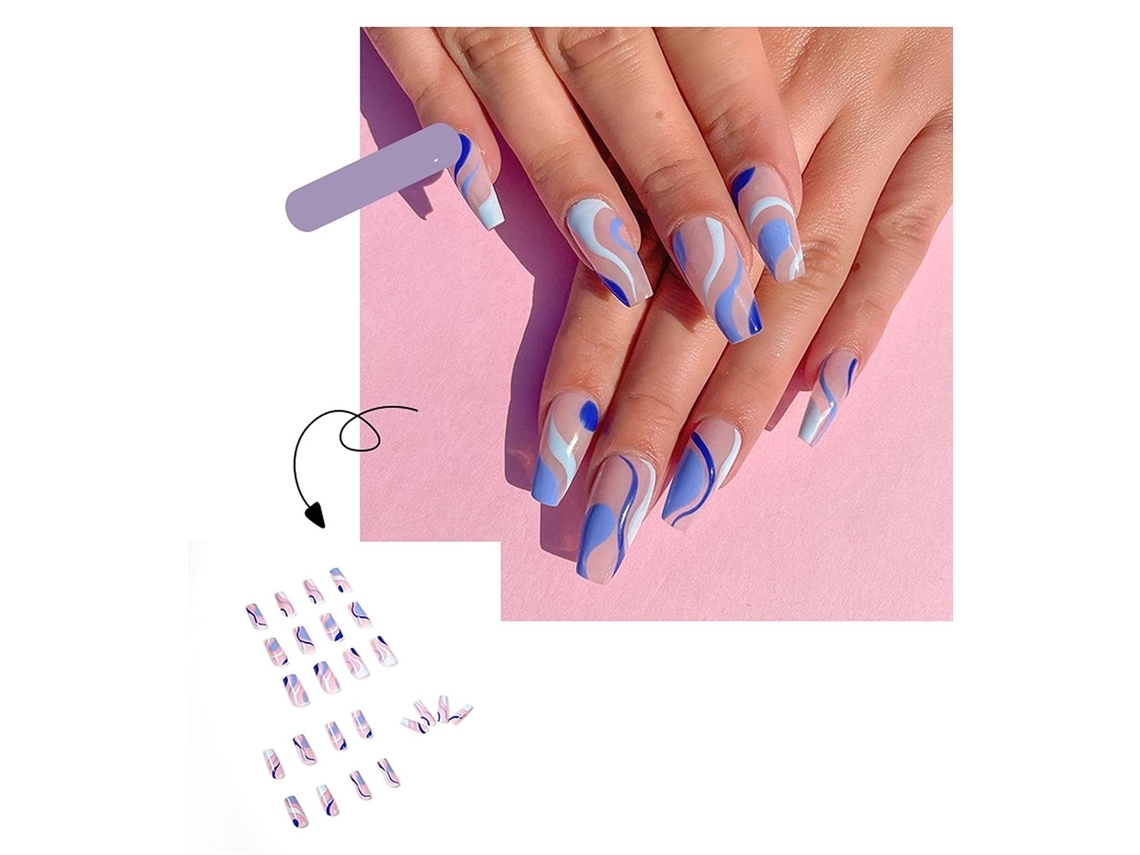 Uñas Postizas Mate Prensadas, 24 Unidades De Uñas Postizas Tipo Ataúd Con Clip, Uñas Largas Abstractas*