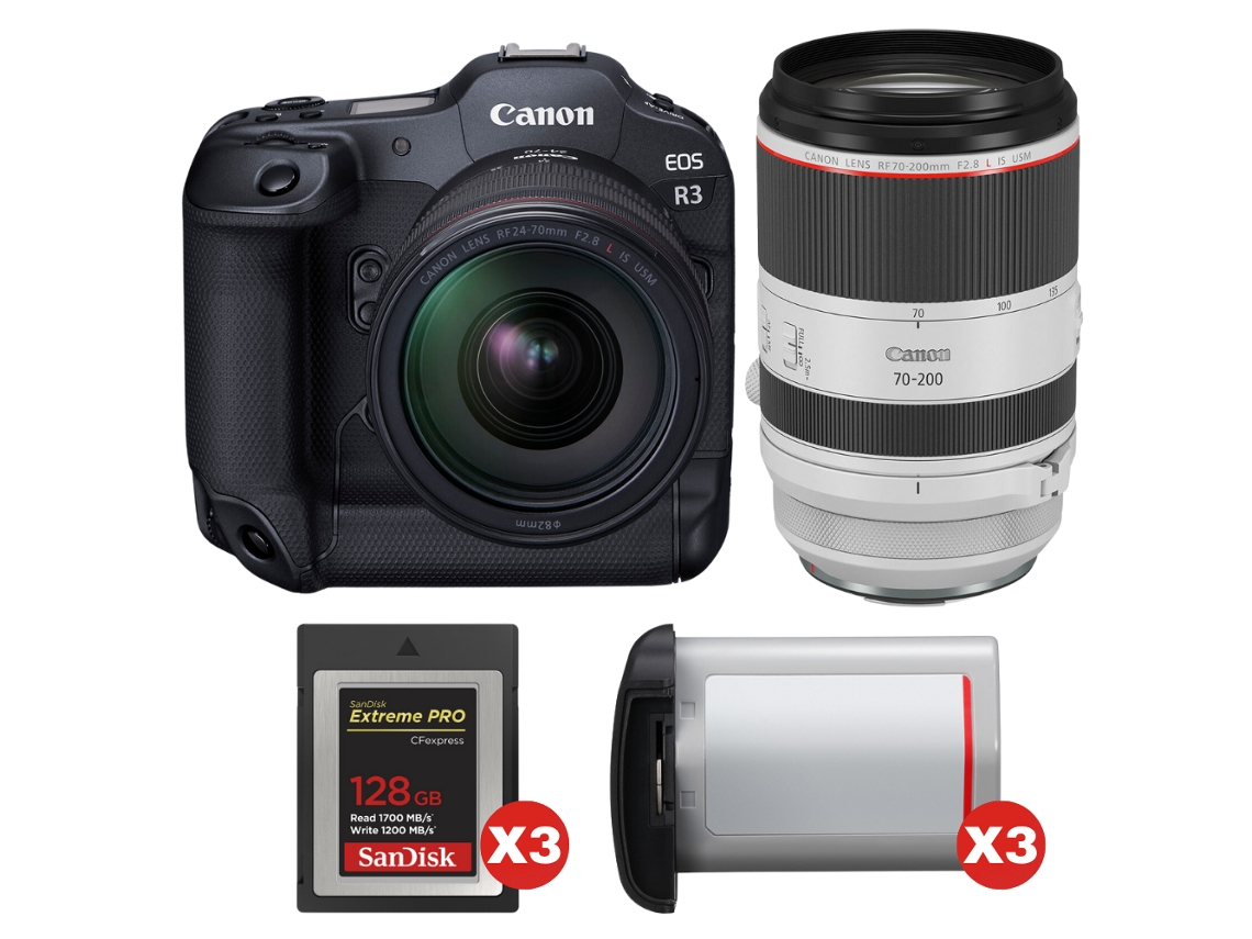 Canon Eos R3 + Rf 24-70mm F/2.8 L Is Usm + Rf 70-200mm F/2.8 L Is Usm + 3 Sandisk 128gb Extreme Pro Cfexpress Type B + 3 Canon L + Ebook Pricedirect