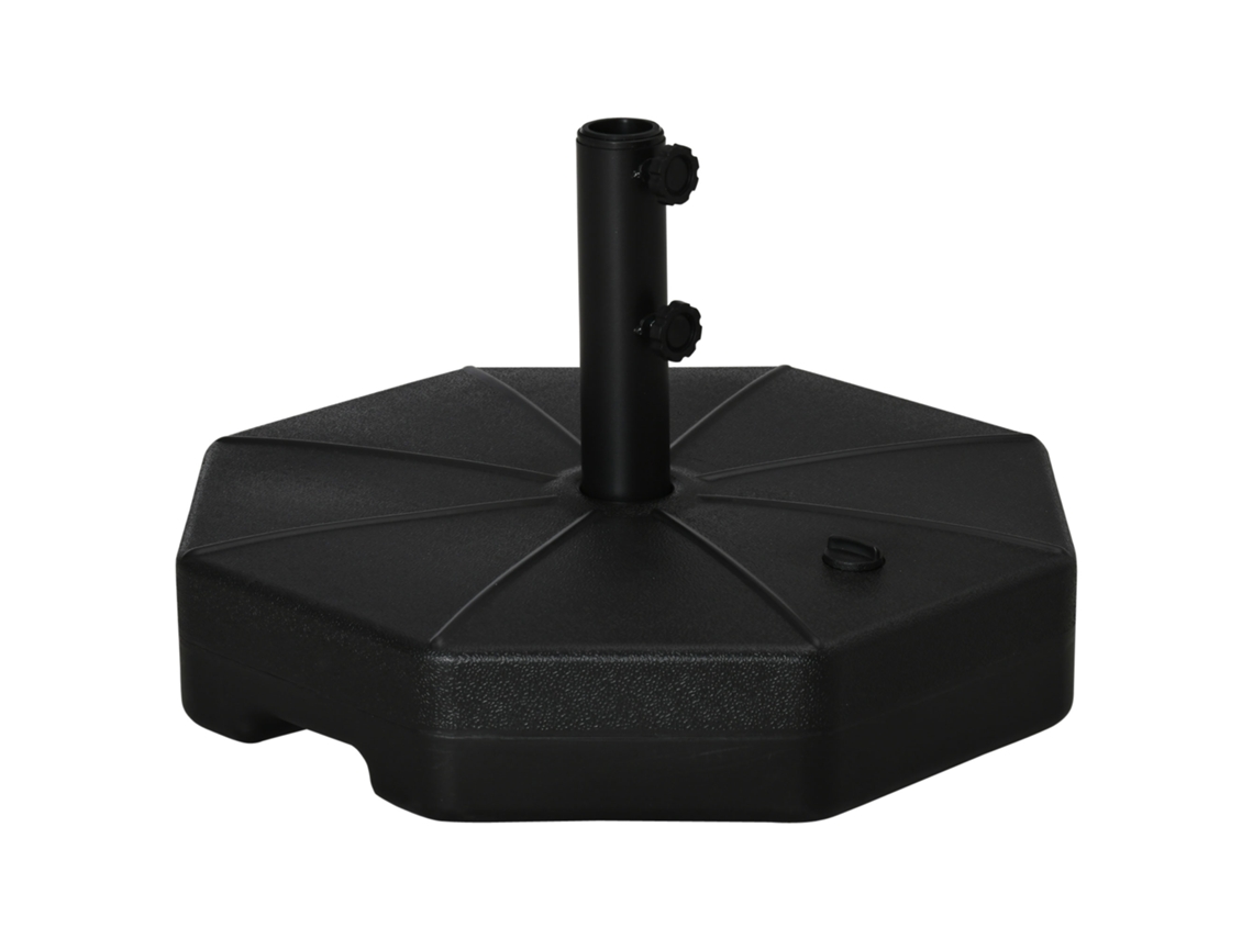 Base octogonal para sombrilla, 28 kg de agua, 40 kg de arena, mástil de 38-48 mm, Ø60x36 cm, color negro.