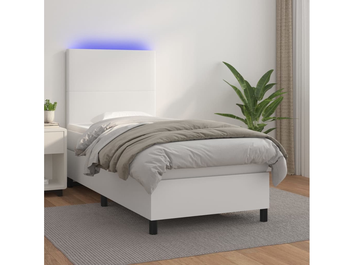 Cama Box Spring Y Colchón Led Cuero Sintético Blanco 80x200 Cm