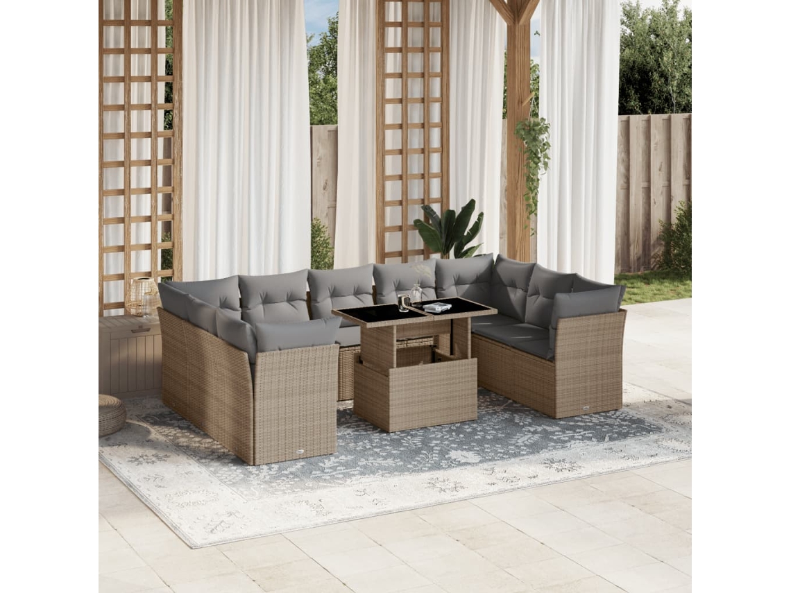 Conjunto de sofá de jardín de 10 piezas con cojines, mimbre sintético beige, Dkd Home Decor