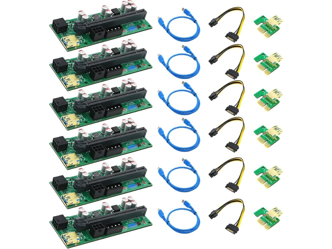 Lote De 6 Tarjetas Gráficas 010 X Pcie 1x A 16x Usb3.0 60 Mm Flash Led Gpu Minería Btc Nueva