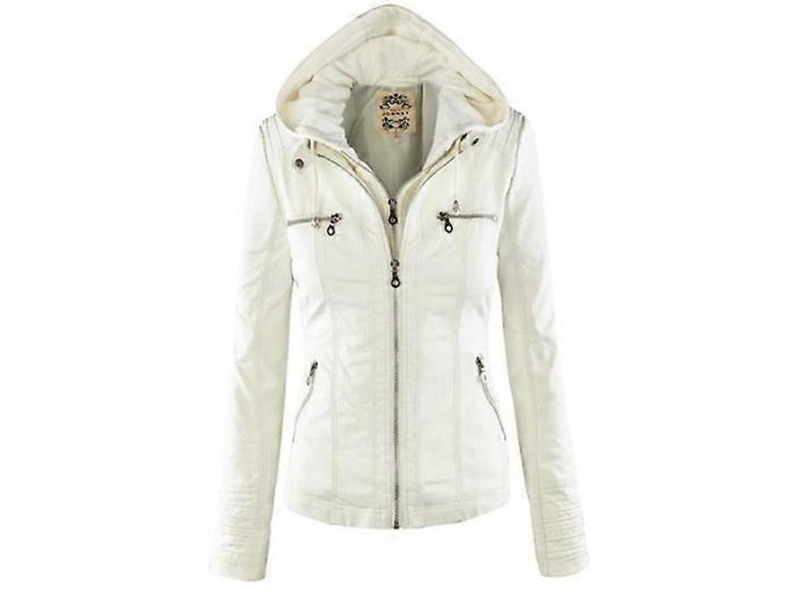 Chaqueta De Piel Falsa Para Mujer Con Capucha Invierno Otoño Moto Negro Basic Talla L-xl L Blanco