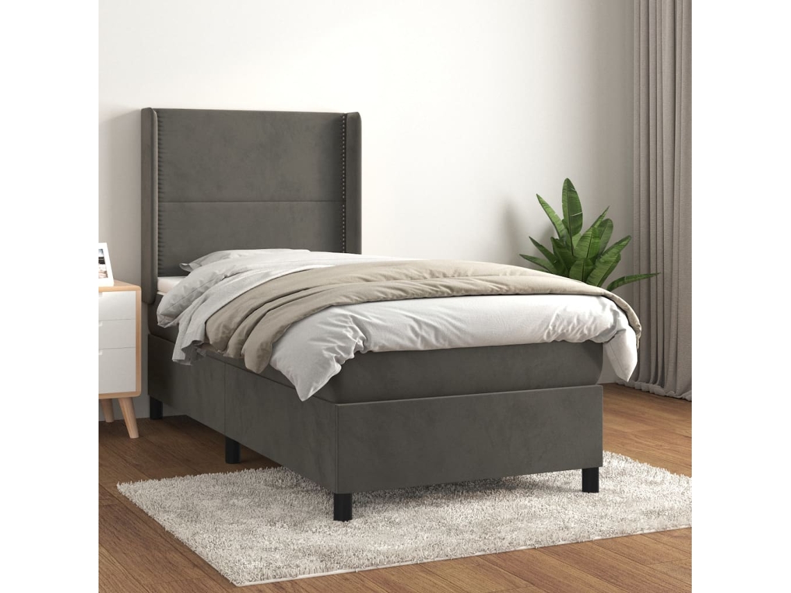 Cama Box Spring Con Colchón Terciopelo Gris Oscuro 90x200 Cm